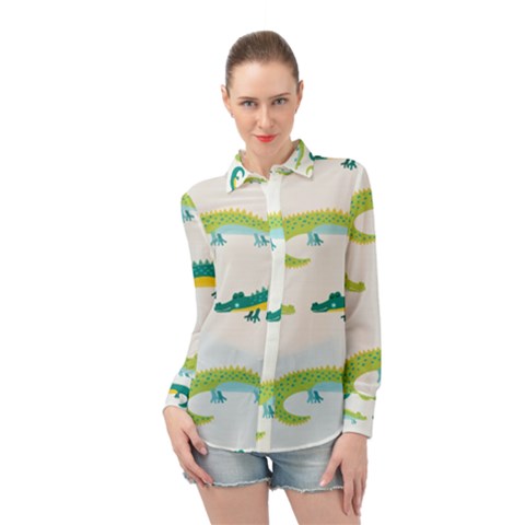 Cute Cartoon Alligator Kids Seamless Pattern With Green Nahd Drawn Crocodiles Long Sleeve Chiffon Shirt by BangZart