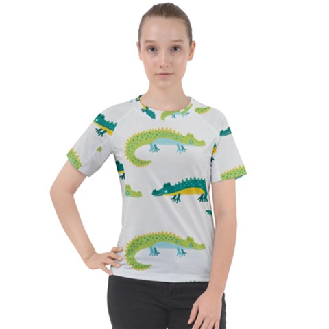 Cute Cartoon Alligator Kids Seamless Pattern With Green Nahd Drawn Crocodiles Women s Sport Raglan Tee by BangZart