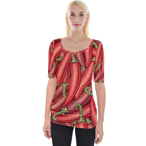 Seamless Chili Pepper Pattern Wide Neckline Tee by BangZart