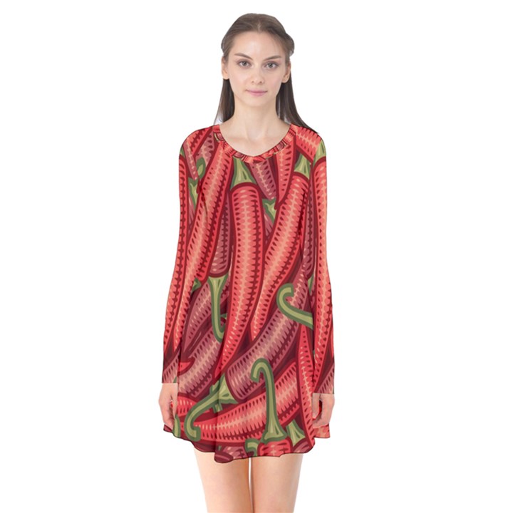 Seamless chili pepper pattern Long Sleeve V-neck Flare Dress