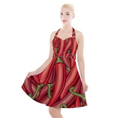 Seamless Chili Pepper Pattern Halter Party Swing Dress  by BangZart