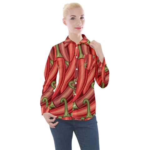 Seamless Chili Pepper Pattern Women s Long Sleeve Pocket Shirt by BangZart