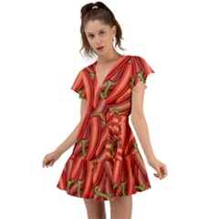 Seamless Chili Pepper Pattern Flutter Sleeve Wrap Dress by BangZart