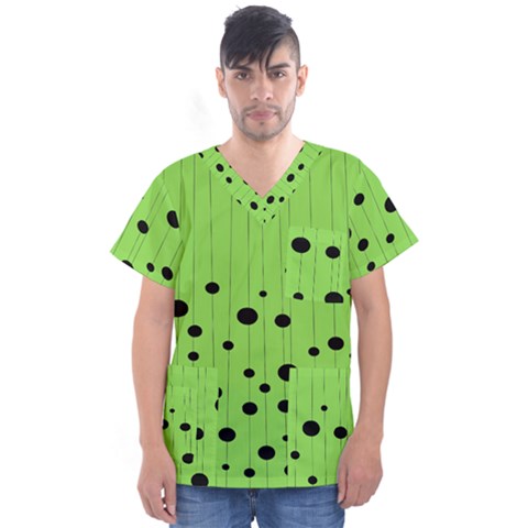 Bubbles At Strings Lemon Green And Black, Geometrical Pattern Men s V-neck Scrub Top by Casemiro