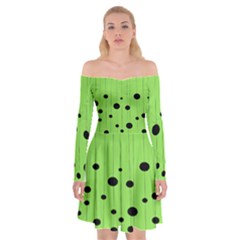 Bubbles At Strings Lemon Green And Black, Geometrical Pattern Off Shoulder Skater Dress by Casemiro