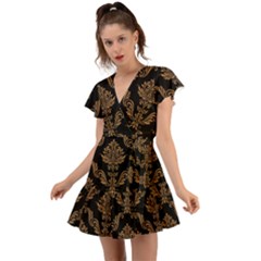 Vintage Pattern Flutter Sleeve Wrap Dress