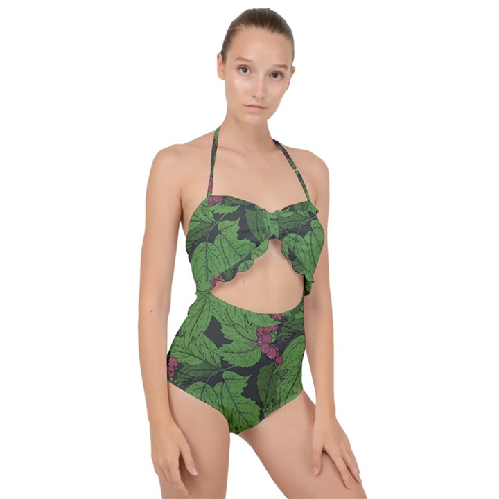 Seamless pattern with hand drawn guelder rose branches Scallop Top Cut Out Swimsuit