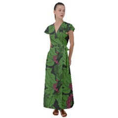 Seamless Pattern With Hand Drawn Guelder Rose Branches Flutter Sleeve Maxi Dress by BangZart