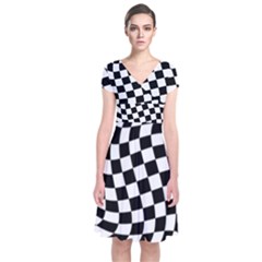 Weaving Racing Flag, Black And White Chess Pattern Short Sleeve Front Wrap Dress by Casemiro