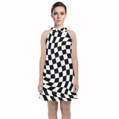 Weaving Racing Flag, Black And White Chess Pattern Velvet Halter Neckline Dress  by Casemiro