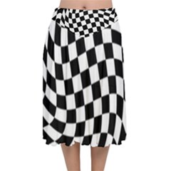 Weaving Racing Flag, Black And White Chess Pattern Velvet Flared Midi Skirt by Casemiro