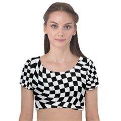 Weaving Racing Flag, Black And White Chess Pattern Velvet Short Sleeve Crop Top  by Casemiro