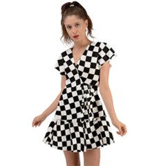 Weaving Racing Flag, Black And White Chess Pattern Flutter Sleeve Wrap Dress by Casemiro