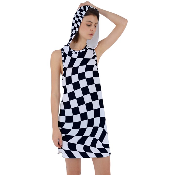 Weaving racing flag, black and white chess pattern Racer Back Hoodie Dress