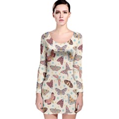 Pattern With Butterflies Moths Long Sleeve Velvet Bodycon Dress