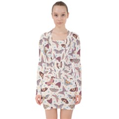 Pattern With Butterflies Moths V-neck Bodycon Long Sleeve Dress by BangZart