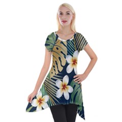 Seamless Pattern With Tropical Flowers Leaves Exotic Background Short Sleeve Side Drop Tunic by BangZart