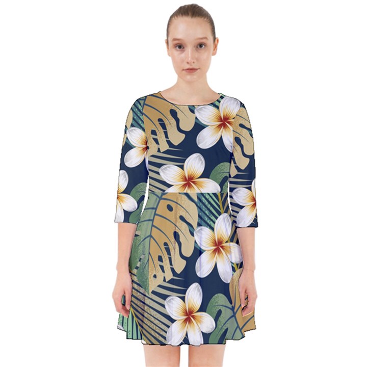 Seamless pattern with tropical flowers leaves exotic background Smock Dress