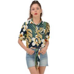 Seamless Pattern With Tropical Flowers Leaves Exotic Background Tie Front Shirt  by BangZart