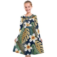 Seamless Pattern With Tropical Flowers Leaves Exotic Background Kids  Midi Sailor Dress