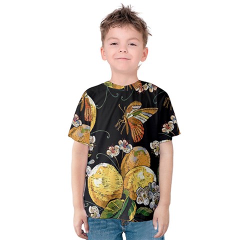 Embroidery Blossoming Lemons Butterfly Seamless Pattern Kids  Cotton Tee by BangZart