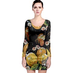 Embroidery Blossoming Lemons Butterfly Seamless Pattern Long Sleeve Bodycon Dress by BangZart