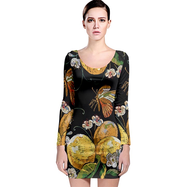 Embroidery blossoming lemons butterfly seamless pattern Long Sleeve Bodycon Dress