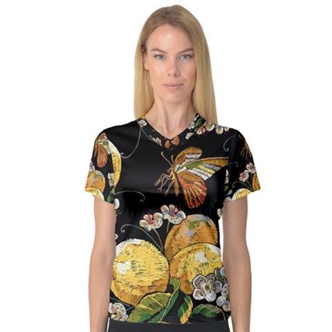 Embroidery Blossoming Lemons Butterfly Seamless Pattern V-neck Sport Mesh Tee by BangZart