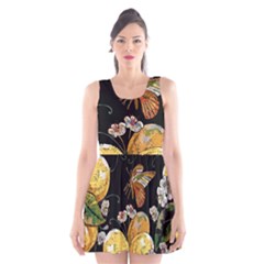 Embroidery Blossoming Lemons Butterfly Seamless Pattern Scoop Neck Skater Dress by BangZart