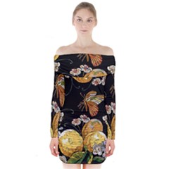 Embroidery Blossoming Lemons Butterfly Seamless Pattern Long Sleeve Off Shoulder Dress by BangZart