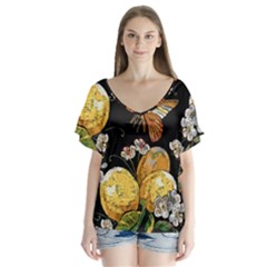 Embroidery Blossoming Lemons Butterfly Seamless Pattern V-neck Flutter Sleeve Top by BangZart