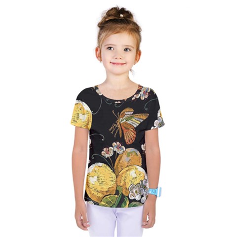 Embroidery Blossoming Lemons Butterfly Seamless Pattern Kids  One Piece Tee by BangZart