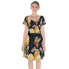 Embroidery Blossoming Lemons Butterfly Seamless Pattern Short Sleeve Bardot Dress by BangZart