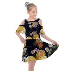 Embroidery Blossoming Lemons Butterfly Seamless Pattern Kids  Shoulder Cutout Chiffon Dress by BangZart