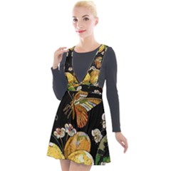 Embroidery Blossoming Lemons Butterfly Seamless Pattern Plunge Pinafore Velour Dress by BangZart