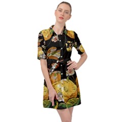 Embroidery Blossoming Lemons Butterfly Seamless Pattern Belted Shirt Dress by BangZart