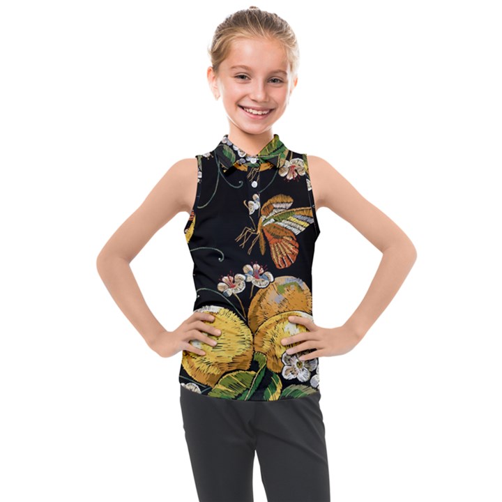 Embroidery blossoming lemons butterfly seamless pattern Kids  Sleeveless Polo Tee