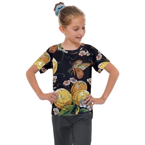 Embroidery Blossoming Lemons Butterfly Seamless Pattern Kids  Mesh Piece Tee by BangZart