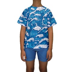 Storm Waves Seamless Pattern Raging Ocean Water Sea Wave Vintage Japanese Storms Print Illustration Kids  Short Sleeve Swimwear by BangZart