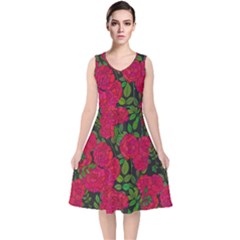 Seamless Pattern With Colorful Bush Roses V-neck Midi Sleeveless Dress  by BangZart