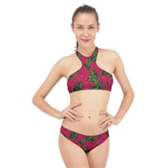 Seamless Pattern With Colorful Bush Roses High Neck Bikini Set by BangZart