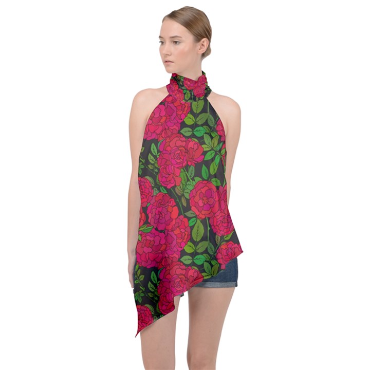 Seamless pattern with colorful bush roses Halter Asymmetric Satin Top