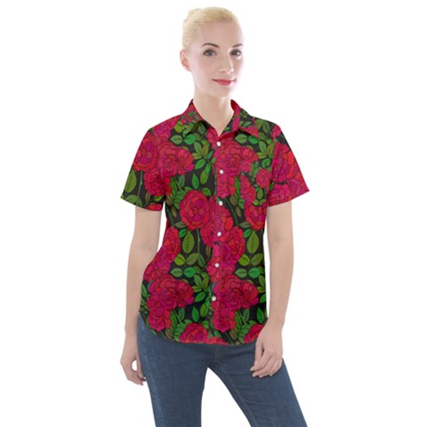 Seamless Pattern With Colorful Bush Roses Women s Short Sleeve Pocket Shirt by BangZart