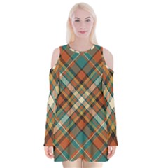 Tartan Scotland Seamless Plaid Pattern Vector Retro Background Fabric Vintage Check Color Square Velvet Long Sleeve Shoulder Cutout Dress