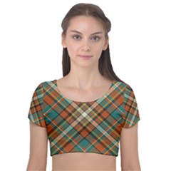 Tartan Scotland Seamless Plaid Pattern Vector Retro Background Fabric Vintage Check Color Square Velvet Short Sleeve Crop Top 