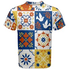 Mexican Talavera Pattern Ceramic Tiles With Flower Leaves Bird Ornaments Traditional Majolica Style Men s Cotton Tee by BangZart