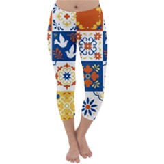 Mexican Talavera Pattern Ceramic Tiles With Flower Leaves Bird Ornaments Traditional Majolica Style Capri Winter Leggings  by BangZart