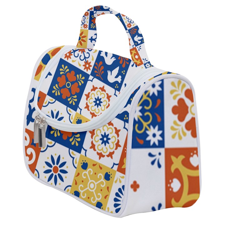 Mexican talavera pattern ceramic tiles with flower leaves bird ornaments traditional majolica style Satchel Handbag