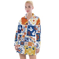 Mexican Talavera Pattern Ceramic Tiles With Flower Leaves Bird Ornaments Traditional Majolica Style Women s Long Sleeve Casual Dress by BangZart