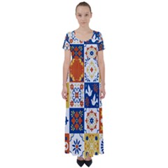 Mexican Talavera Pattern Ceramic Tiles With Flower Leaves Bird Ornaments Traditional Majolica Style High Waist Short Sleeve Maxi Dress by BangZart